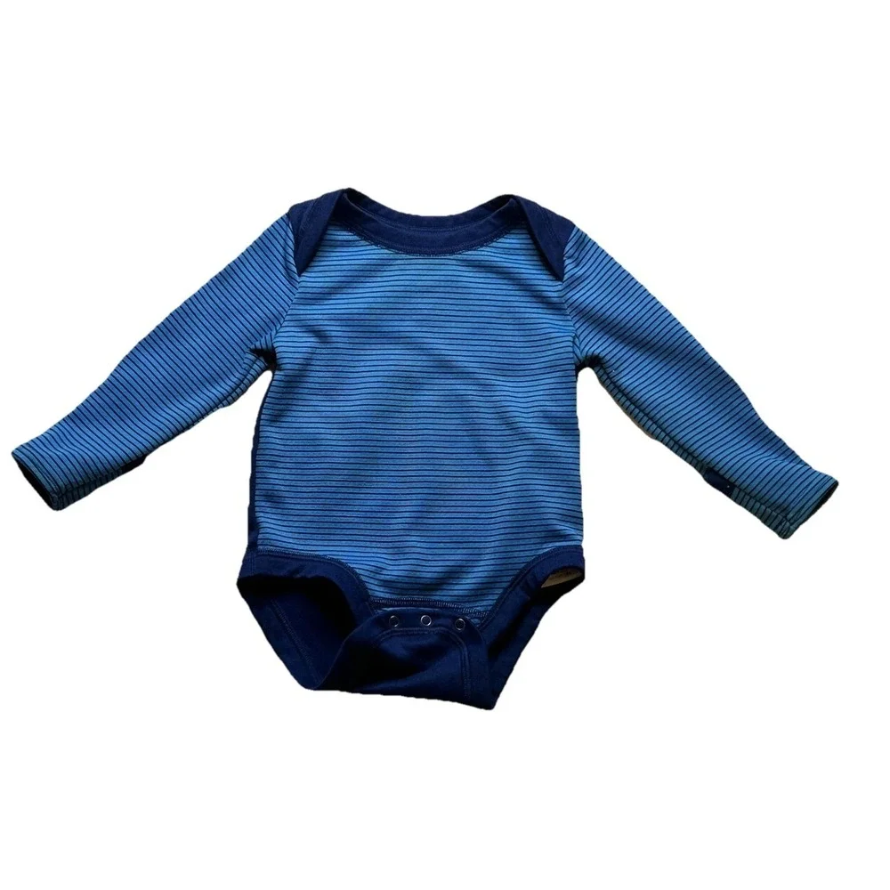Patagonia Baby One Piece Capilene Blue Striped Long Sleeve Bodysuit 6 - 12 Month